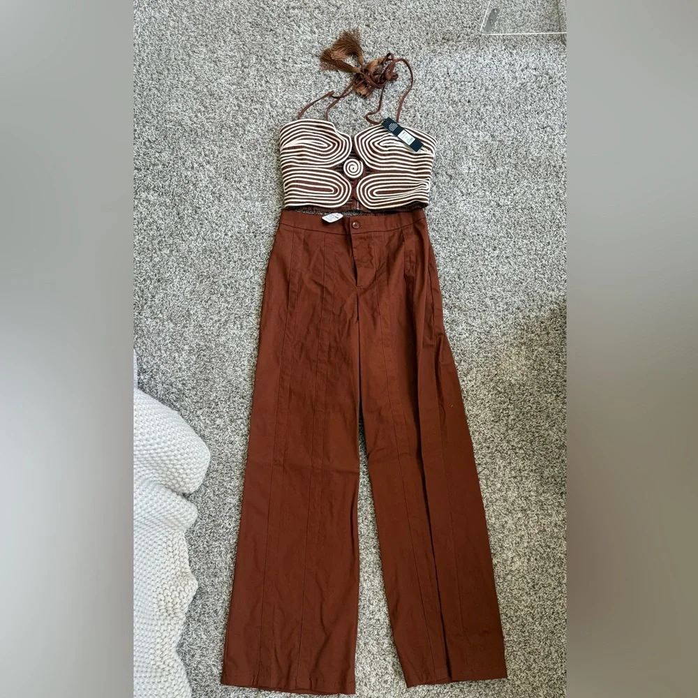 Women's High-Waist Wide Leg Pants Set- Brown - Picture 2 of 6